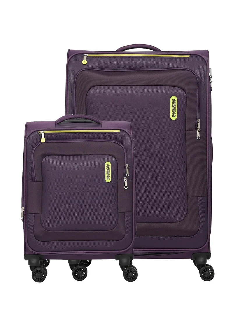 American Tourister Duncan+ Suitcase, 2pc Set (55 + 83 cm), 4 Spinner Wheels, Soft Top, 100% Polyester, Purple|Lightweight|Water Resistant Material|TSA Lock|Front Storage Compartment|Expandable - 3 Years International Warranty